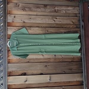 Nordstrom button-down linen collard short sleeve maxi dress tie back Gre…